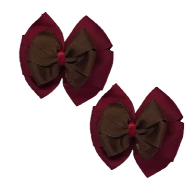 School Hair Accessories Double Bella Hair Bow 10cm - Burgundy Base & Centre Ribbon (24 colours top)