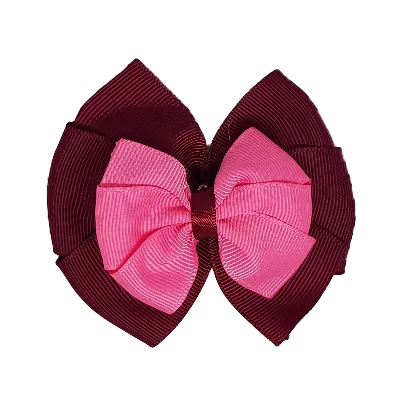 School Hair Accessories Double Bella Hair Bow 10cm - Burgundy Base & Centre Ribbon (24 colours top)