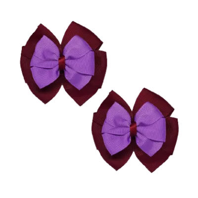 School Hair Accessories Double Bella Hair Bow 10cm - Burgundy Base & Centre Ribbon (24 colours top)