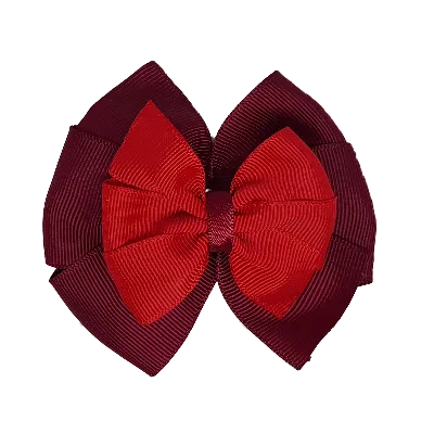 School Hair Accessories Double Bella Hair Bow 10cm - Burgundy Base & Centre Ribbon (24 colours top)