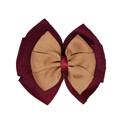 School Hair Accessories Double Bella Hair Bow 10cm - Burgundy Base & Centre Ribbon (24 colours top)