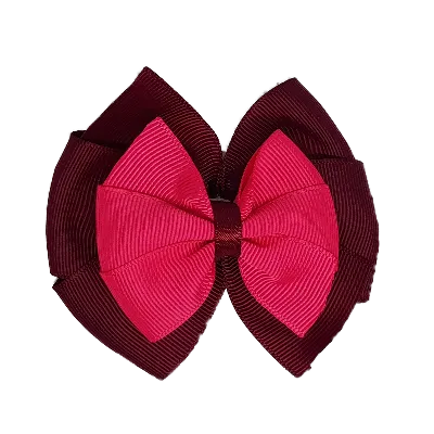School Hair Accessories Double Bella Hair Bow 10cm - Burgundy Base & Centre Ribbon (24 colours top)