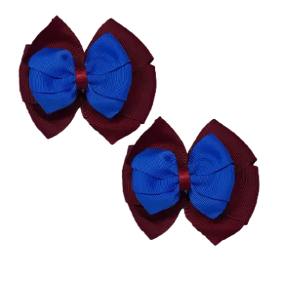 School Hair Accessories Double Bella Hair Bow 10cm - Burgundy Base & Centre Ribbon (24 colours top)