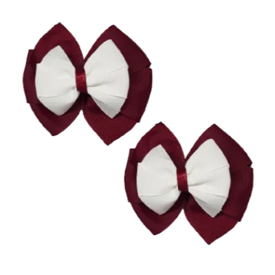 School Hair Accessories Double Bella Hair Bow 10cm - Burgundy Base & Centre Ribbon (24 colours top)