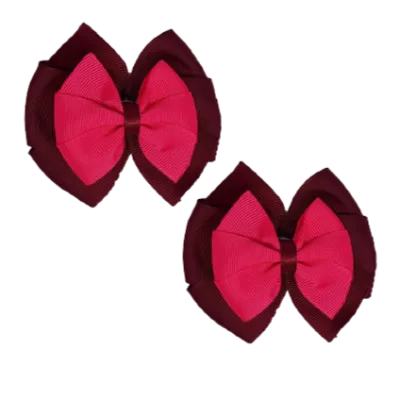 School Hair Accessories Double Bella Hair Bow 10cm - Burgundy Base & Centre Ribbon (24 colours top)
