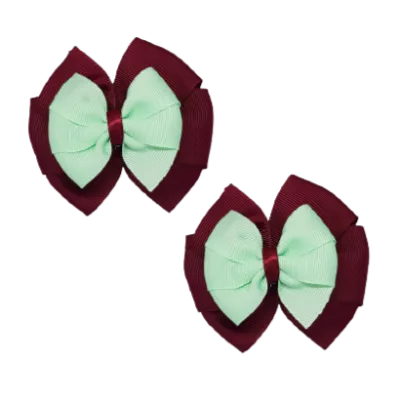 School Hair Accessories Double Bella Hair Bow 10cm - Burgundy Base & Centre Ribbon (24 colours top)