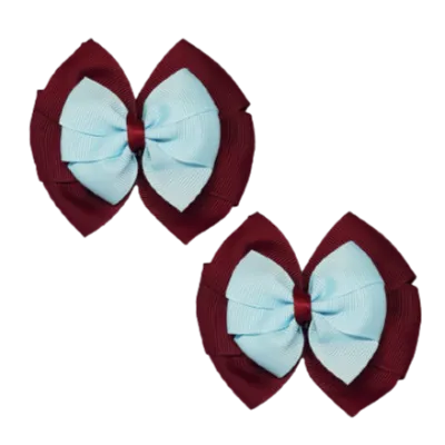 School Hair Accessories Double Bella Hair Bow 10cm - Burgundy Base & Centre Ribbon (24 colours top)