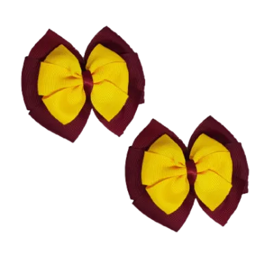 School Hair Accessories Double Bella Hair Bow 10cm - Burgundy Base & Centre Ribbon (24 colours top)