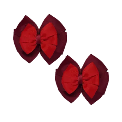 School Hair Accessories Double Bella Hair Bow 10cm - Burgundy Base & Centre Ribbon (24 colours top)
