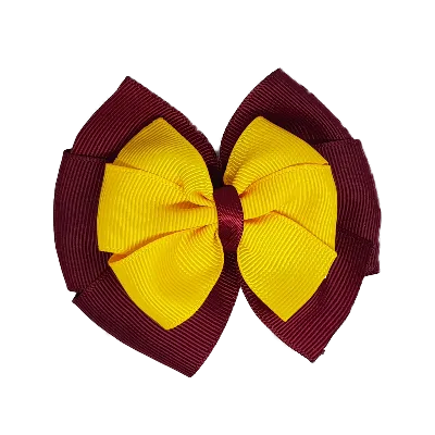 School Hair Accessories Double Bella Hair Bow 10cm - Burgundy Base & Centre Ribbon (24 colours top)