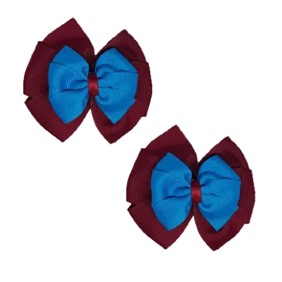 School Hair Accessories Double Bella Hair Bow 10cm - Burgundy Base & Centre Ribbon (24 colours top)