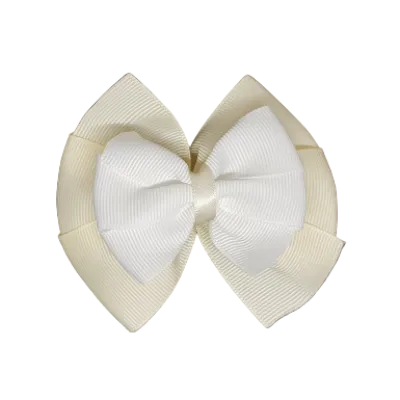 School Hair Accessories Double Bella Hair Bow 10cm - Ivory Base & Centre Ribbon (24 colours top)
