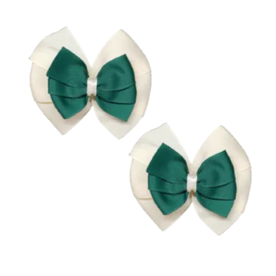 School Hair Accessories Double Bella Hair Bow 10cm - Ivory Base & Centre Ribbon (24 colours top)