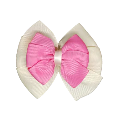 School Hair Accessories Double Bella Hair Bow 10cm - Ivory Base & Centre Ribbon (24 colours top)