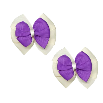 School Hair Accessories Double Bella Hair Bow 10cm - Ivory Base & Centre Ribbon (24 colours top)