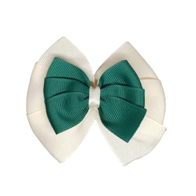 School Hair Accessories Double Bella Hair Bow 10cm - Ivory Base & Centre Ribbon (24 colours top)