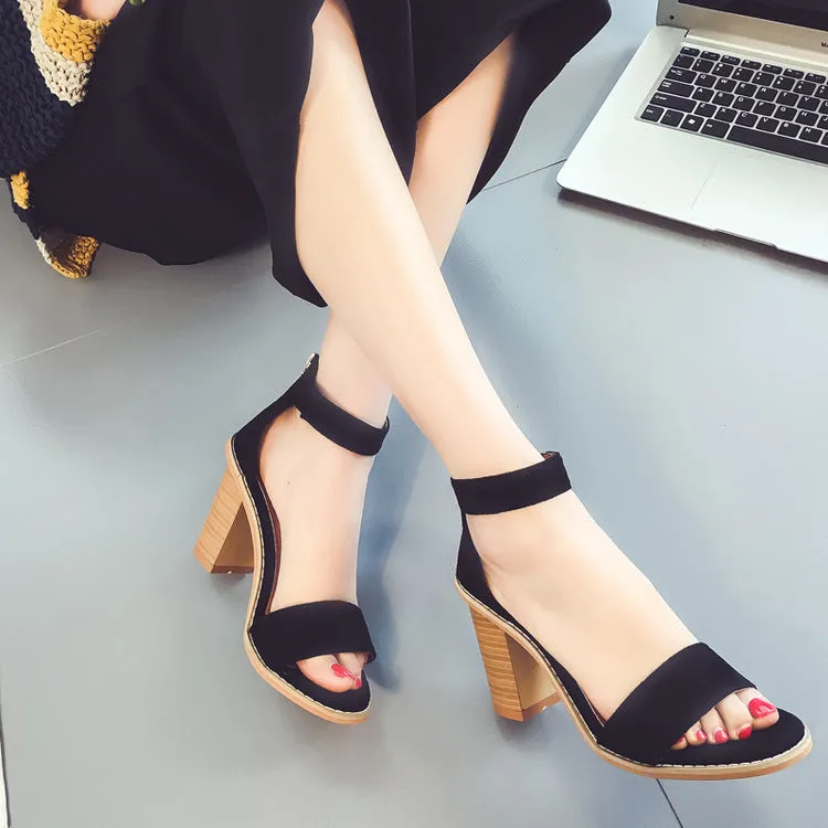 Summer Suede Chunky Heel Peep-toe Ankle Strap Sandals