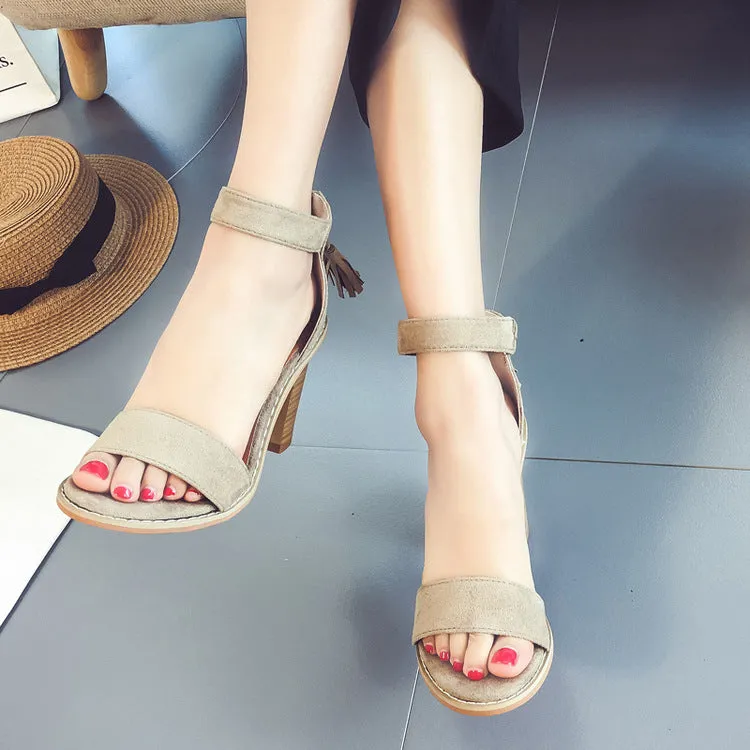 Summer Suede Chunky Heel Peep-toe Ankle Strap Sandals