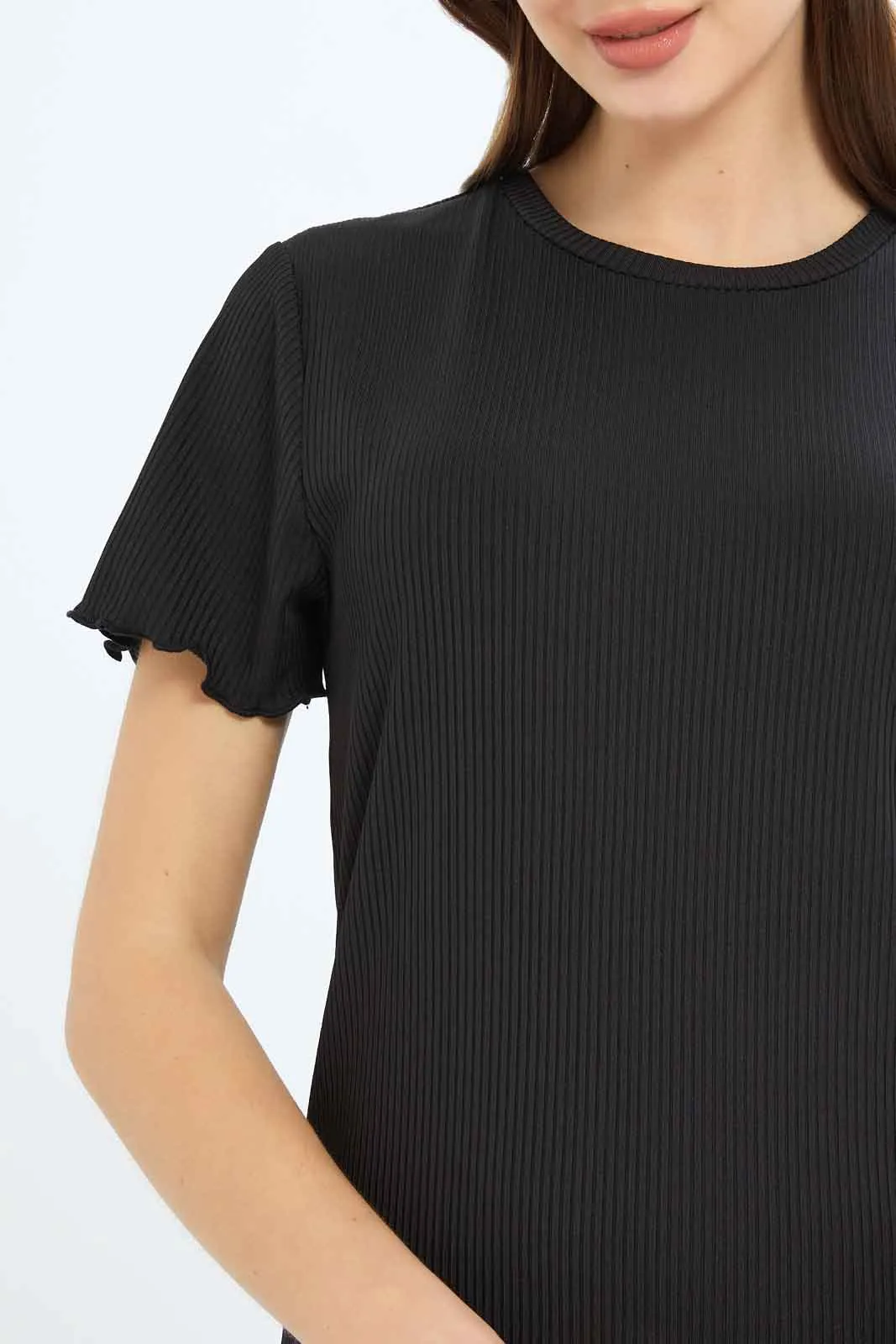 Women Black Ribbed T-Shirt
