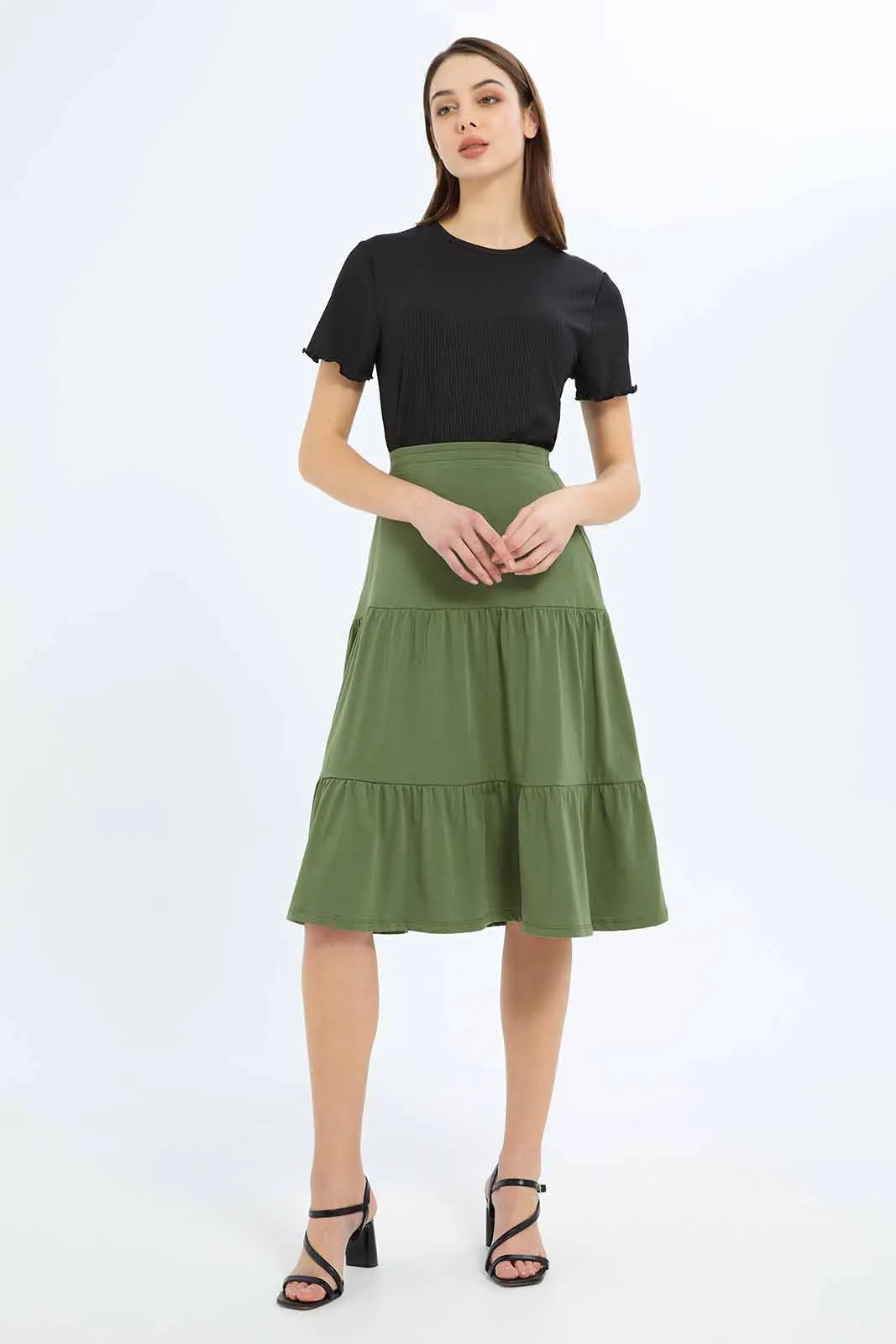 Women Black Ribbed T-Shirt