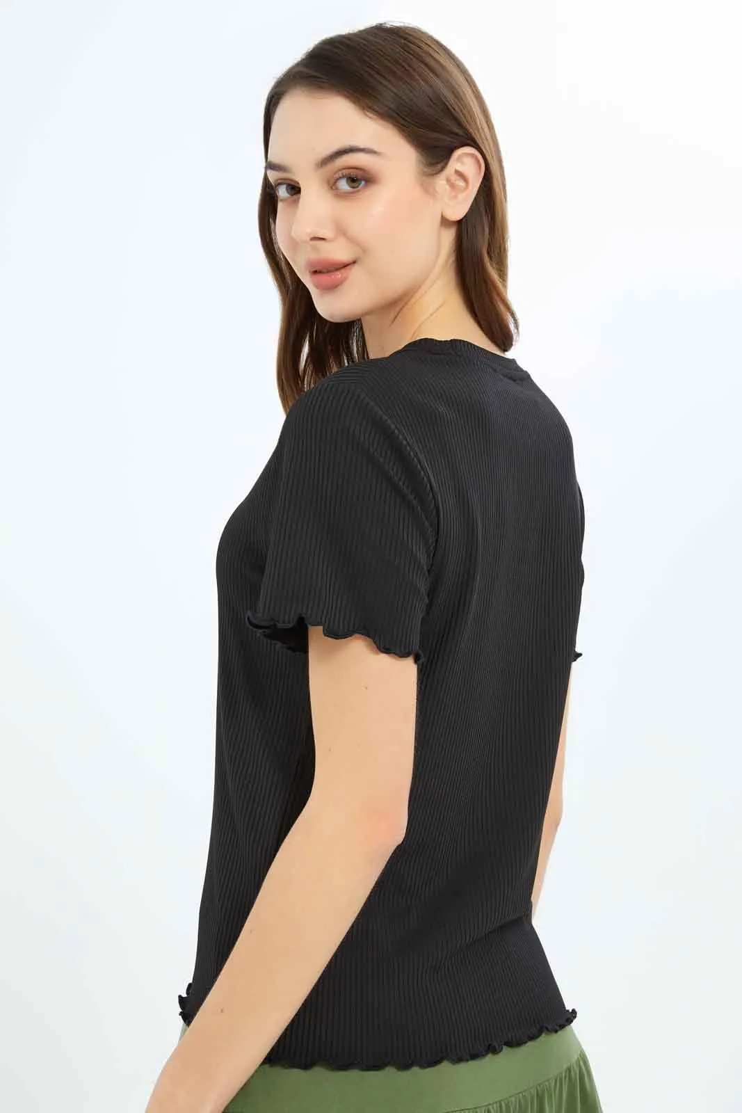 Women Black Ribbed T-Shirt