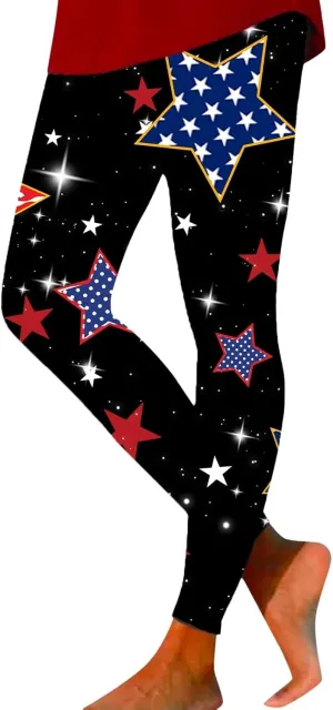 Women High Waist American Flag Leggings Funny Stripes Patriotic Tights Full-Length Workout Running Yoga Pants