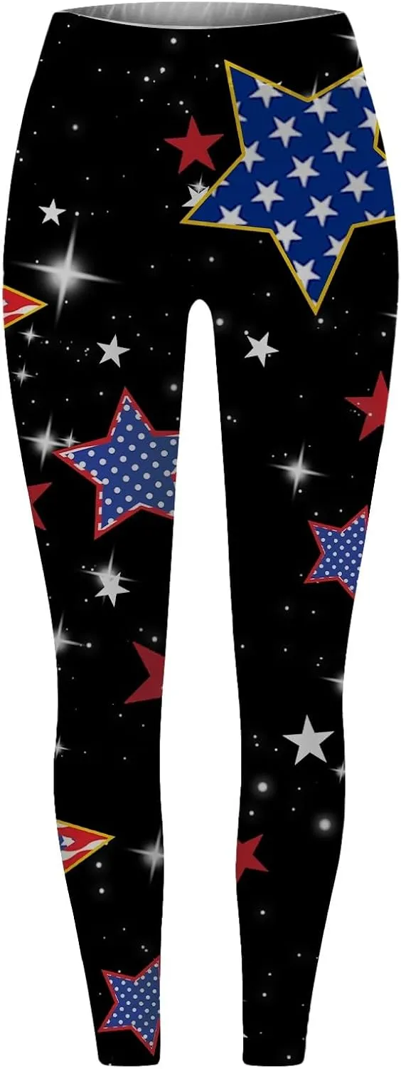 Women High Waist American Flag Leggings Funny Stripes Patriotic Tights Full-Length Workout Running Yoga Pants