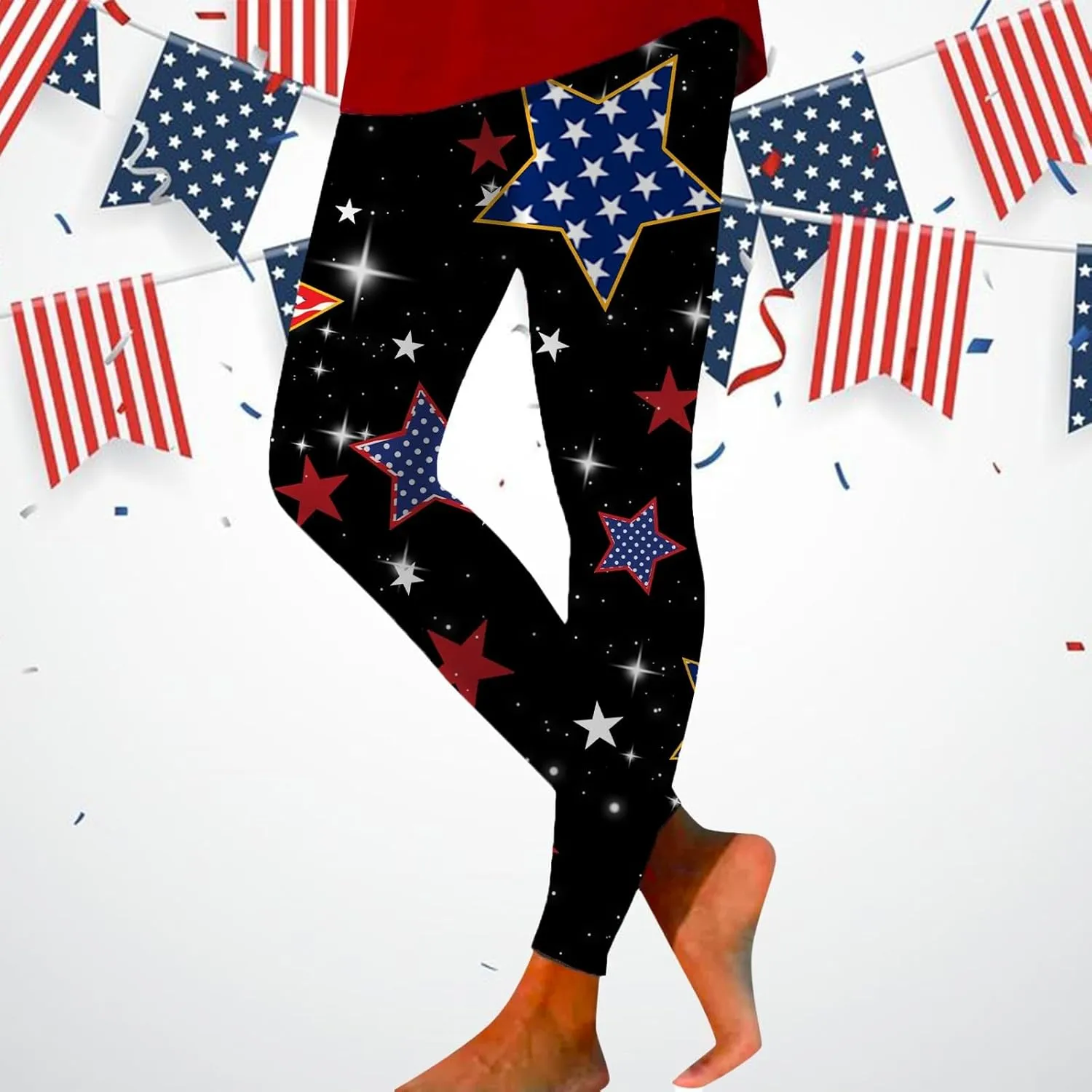 Women High Waist American Flag Leggings Funny Stripes Patriotic Tights Full-Length Workout Running Yoga Pants