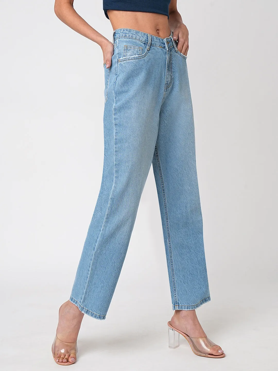Women Light Blue High-Rise Loose Straight