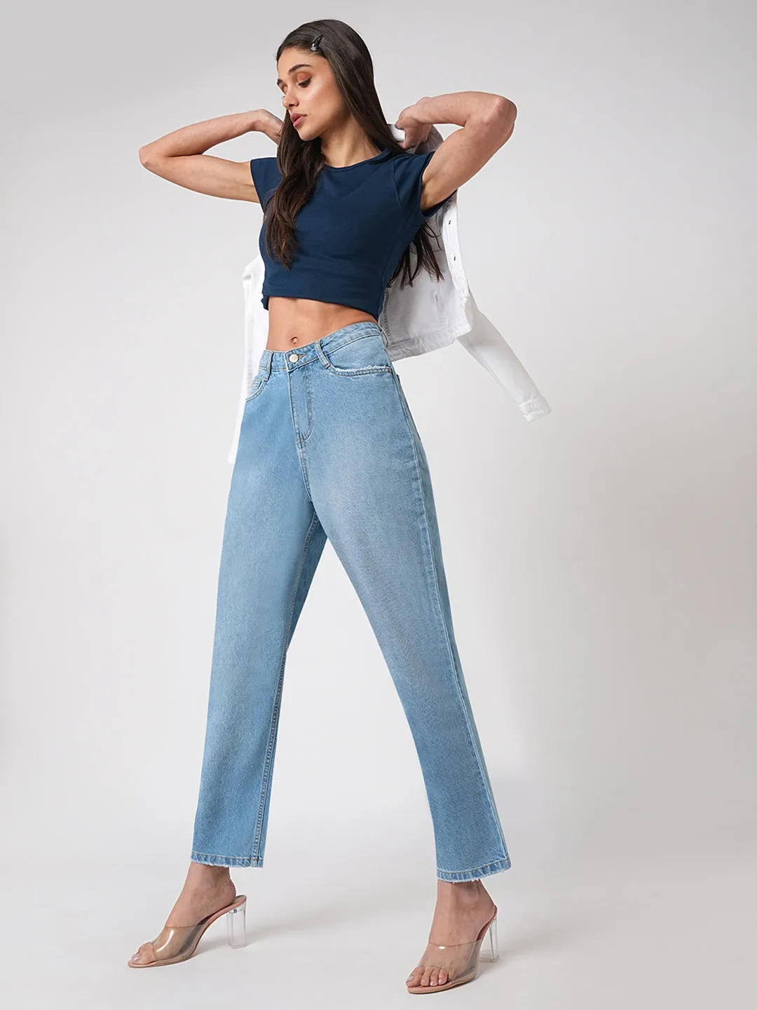 Women Light Blue High-Rise Loose Straight