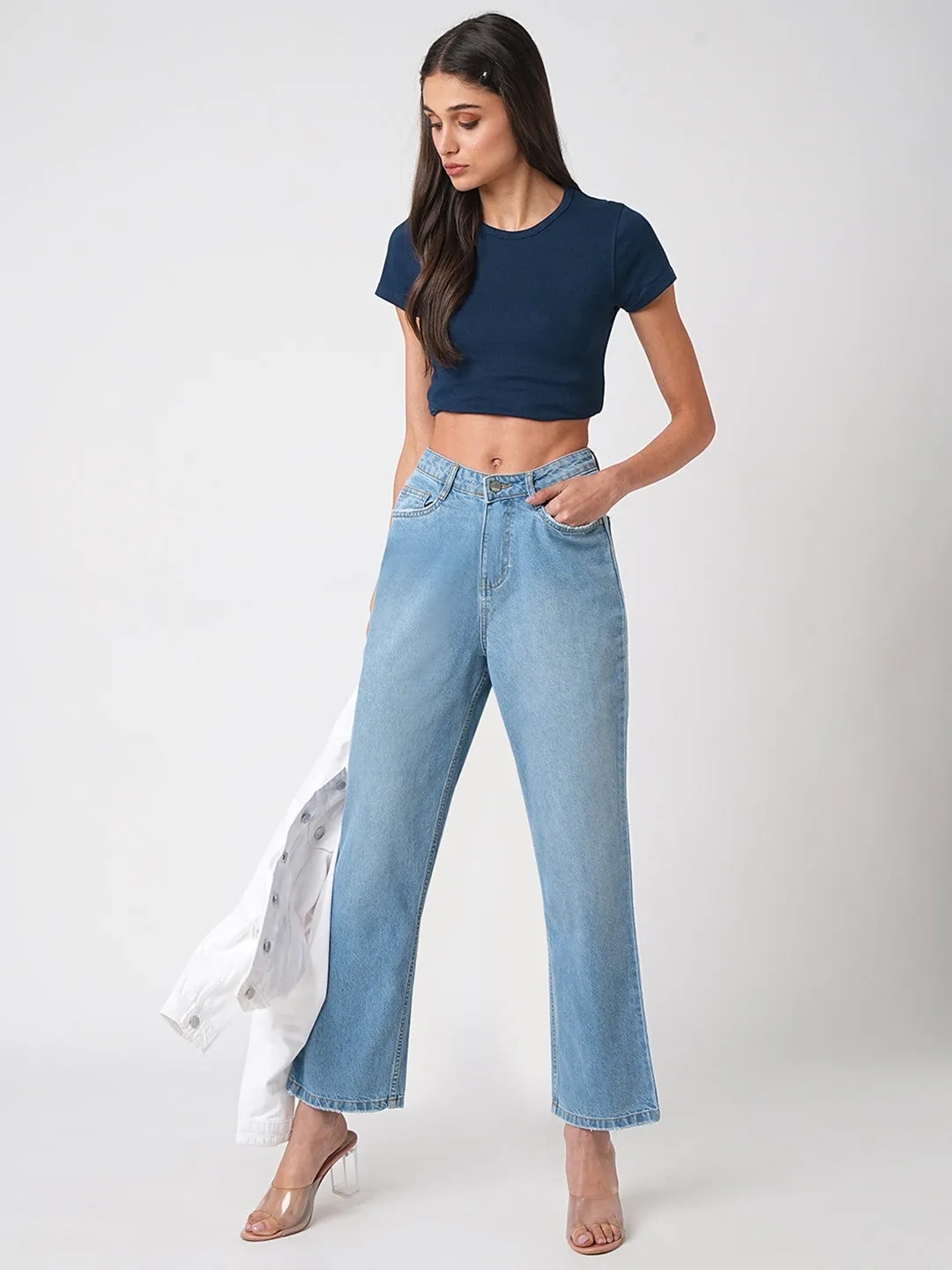 Women Light Blue High-Rise Loose Straight