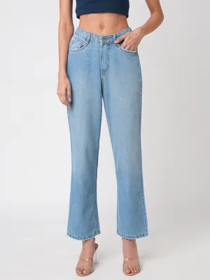 Women Light Blue High-Rise Loose Straight