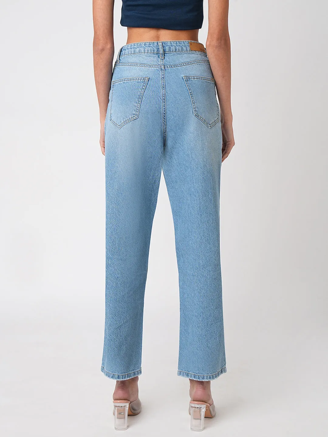 Women Light Blue High-Rise Loose Straight