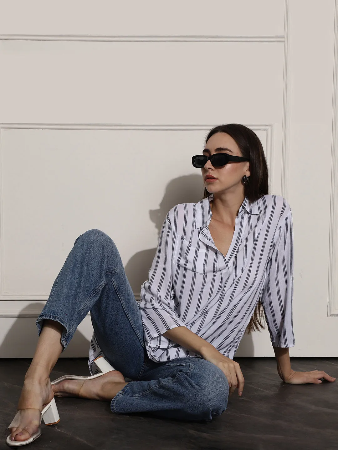 Women White Striped Regular Fit Top