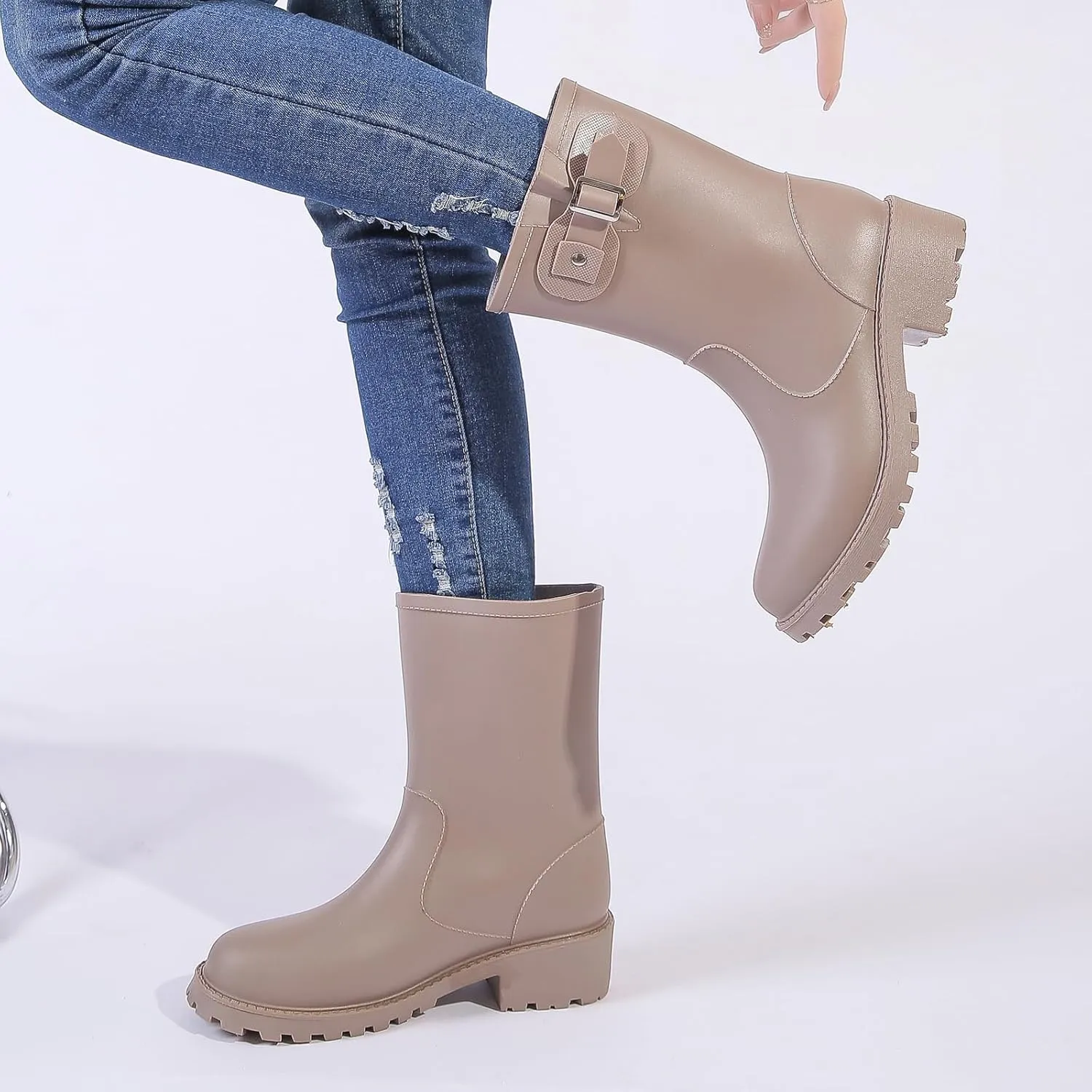 Women's Rain Boots Mid-Calf Waterproof, Comfort Rain Boots for Women Anti-slip Soft Outsole, Lightweight Rubber Chelsea Rain Boots for Garden, High-Heeled Rain Shoes for Outdoor