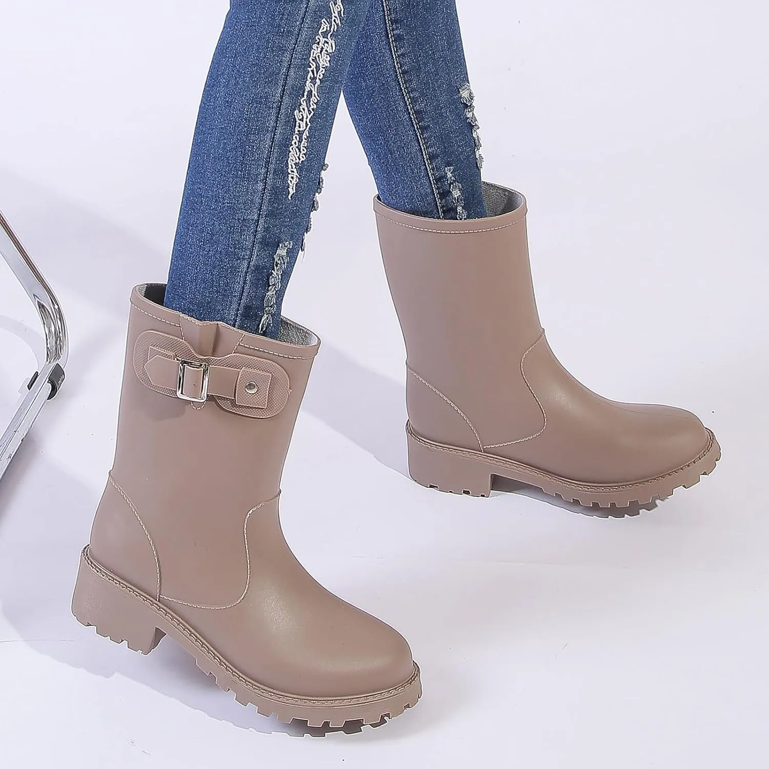 Women's Rain Boots Mid-Calf Waterproof, Comfort Rain Boots for Women Anti-slip Soft Outsole, Lightweight Rubber Chelsea Rain Boots for Garden, High-Heeled Rain Shoes for Outdoor