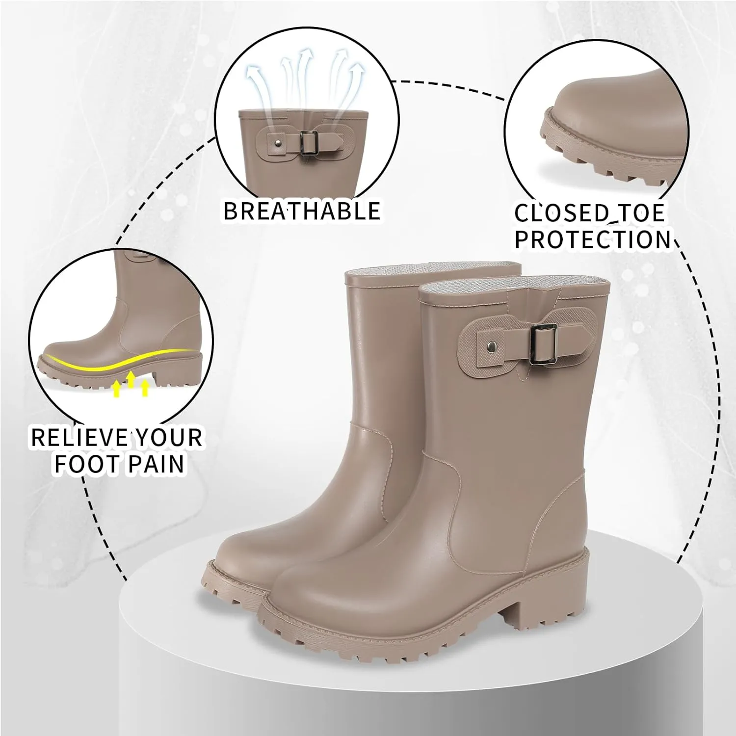 Women's Rain Boots Mid-Calf Waterproof, Comfort Rain Boots for Women Anti-slip Soft Outsole, Lightweight Rubber Chelsea Rain Boots for Garden, High-Heeled Rain Shoes for Outdoor