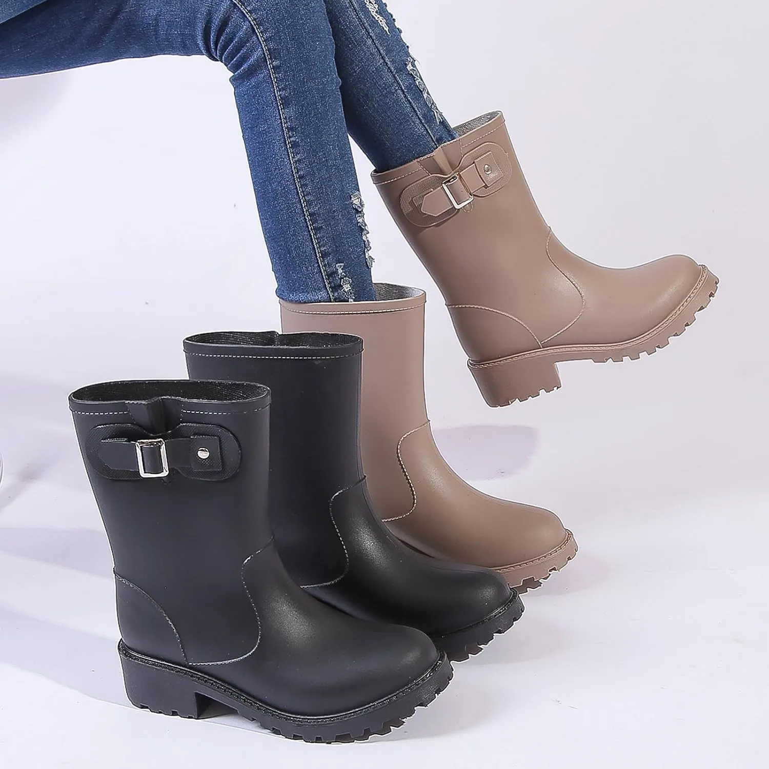 Women's Rain Boots Mid-Calf Waterproof, Comfort Rain Boots for Women Anti-slip Soft Outsole, Lightweight Rubber Chelsea Rain Boots for Garden, High-Heeled Rain Shoes for Outdoor