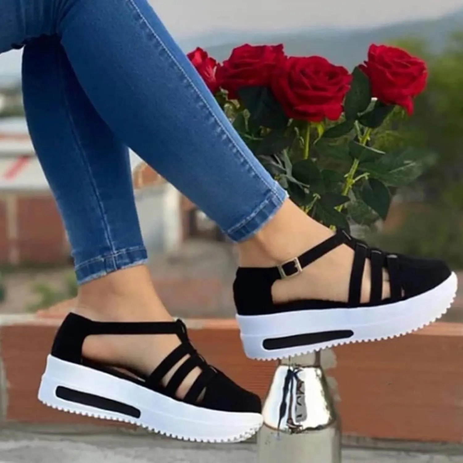 Women's Sandals Dressy Summer Hollow Out Closed Toe Sandals Outdoor Breathable Buckle Strap Platform Sandals