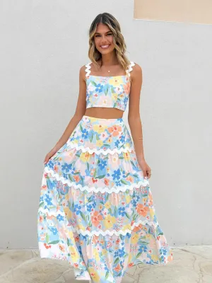 Womens Two-Piece Set  Floral Camisole Crop Top  Tiered Maxi Skirt  Slim Fit Breathable