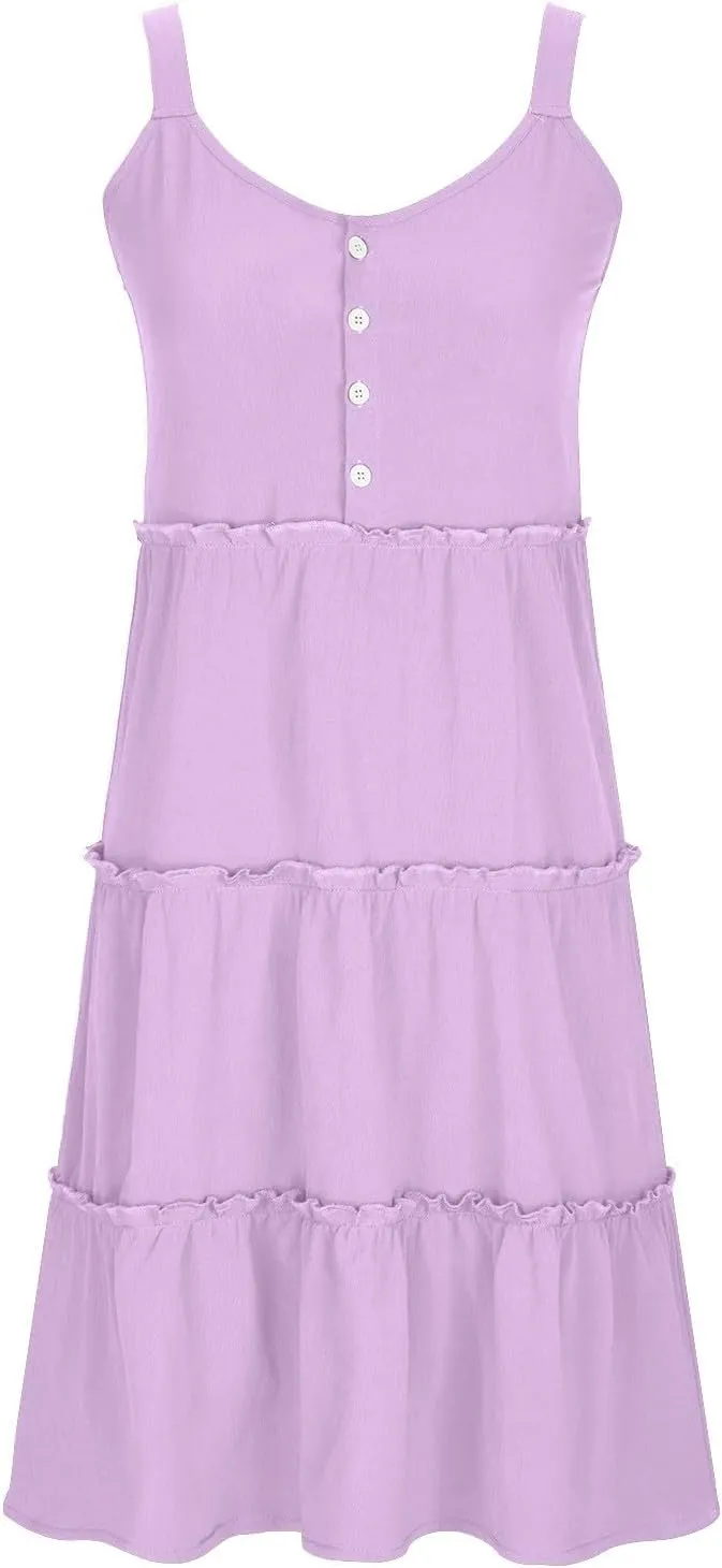 XUNRYAN Womens Tank Dresses Summer Trendy Spaghetti Strap Mini Dress Casual Button Sundress Tiered Ruffle Vacation Outfit