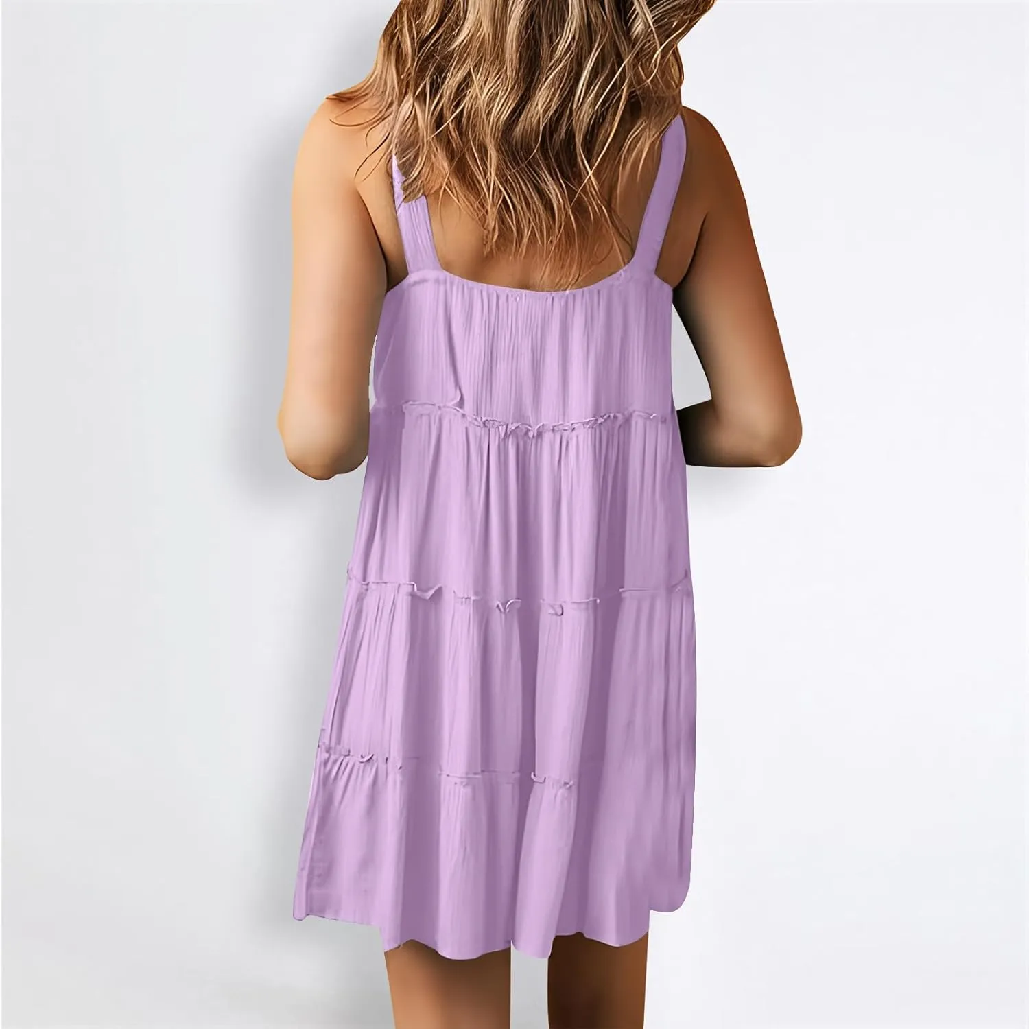 XUNRYAN Womens Tank Dresses Summer Trendy Spaghetti Strap Mini Dress Casual Button Sundress Tiered Ruffle Vacation Outfit