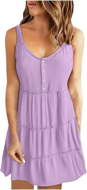 XUNRYAN Womens Tank Dresses Summer Trendy Spaghetti Strap Mini Dress Casual Button Sundress Tiered Ruffle Vacation Outfit