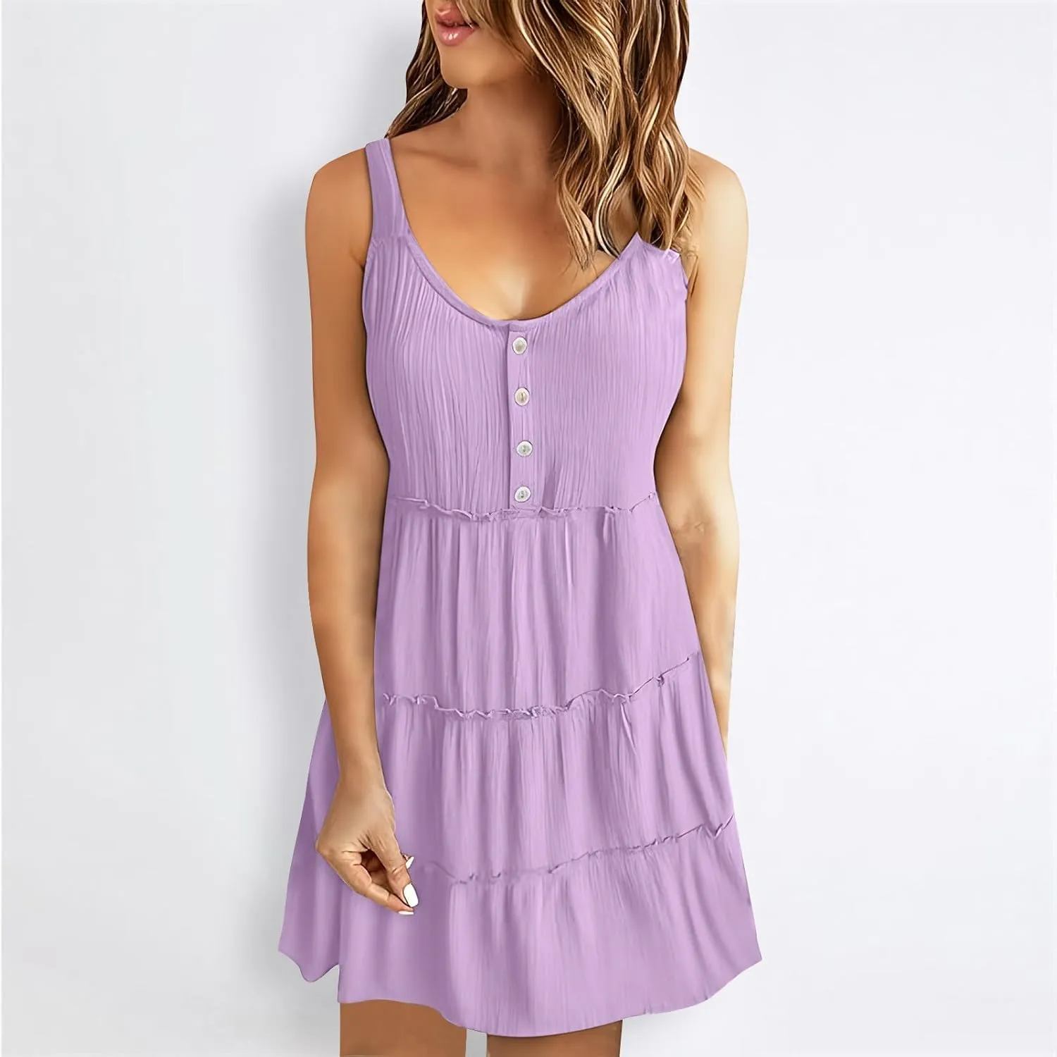 XUNRYAN Womens Tank Dresses Summer Trendy Spaghetti Strap Mini Dress Casual Button Sundress Tiered Ruffle Vacation Outfit