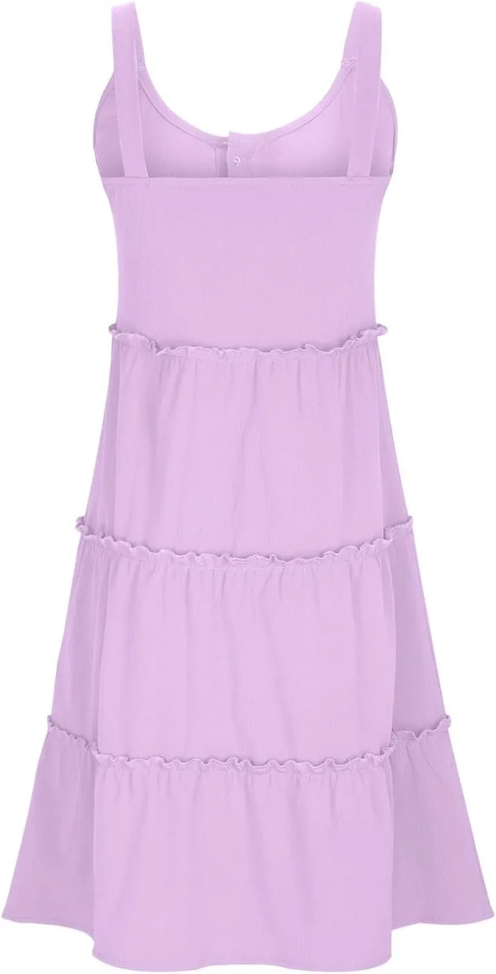 XUNRYAN Womens Tank Dresses Summer Trendy Spaghetti Strap Mini Dress Casual Button Sundress Tiered Ruffle Vacation Outfit